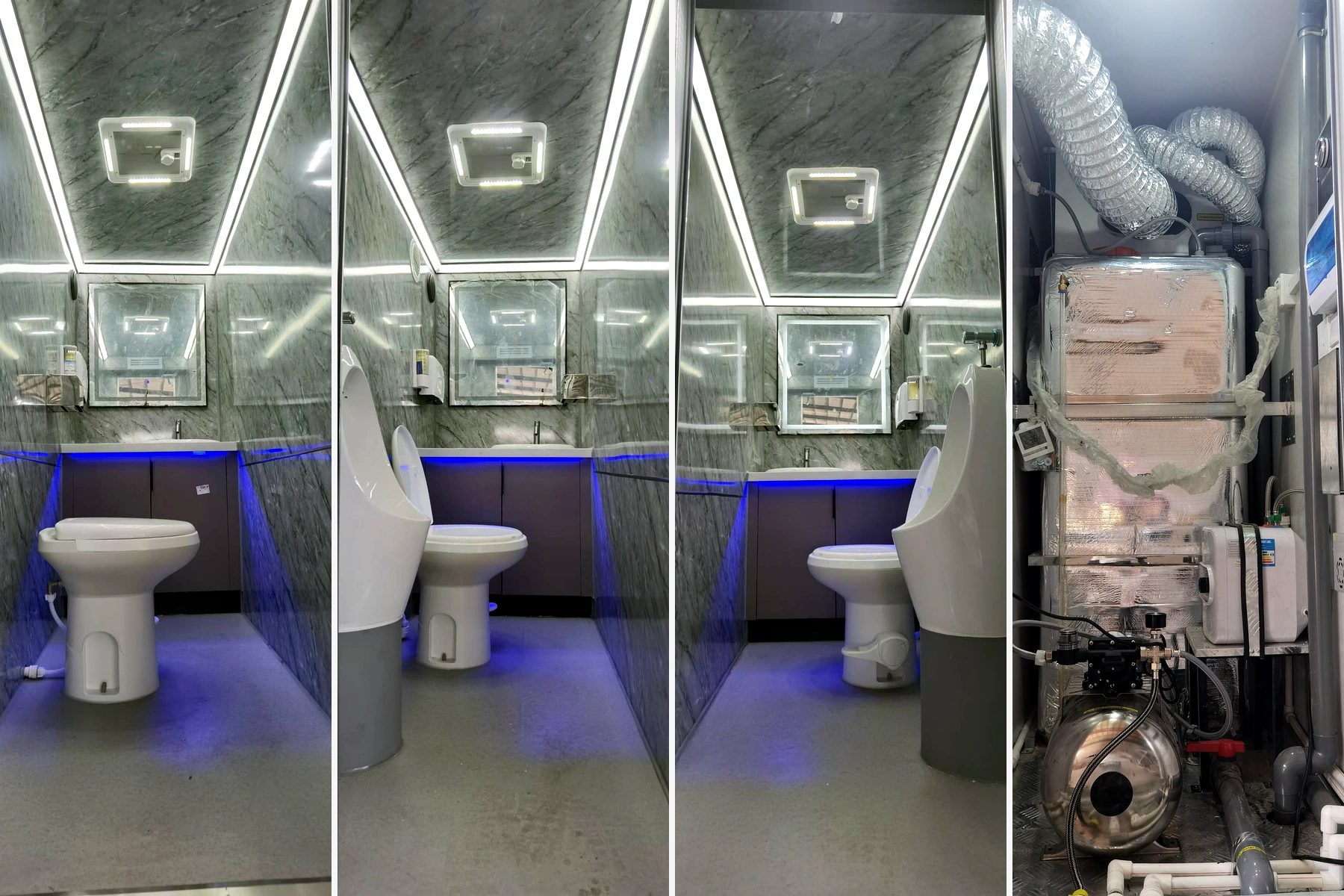 3 Stall Restroom Trailer Interior and Utility Room Collage