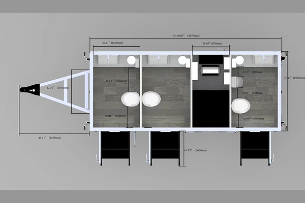3 stall restroom trailer floor plan with 2 plus 1 layout