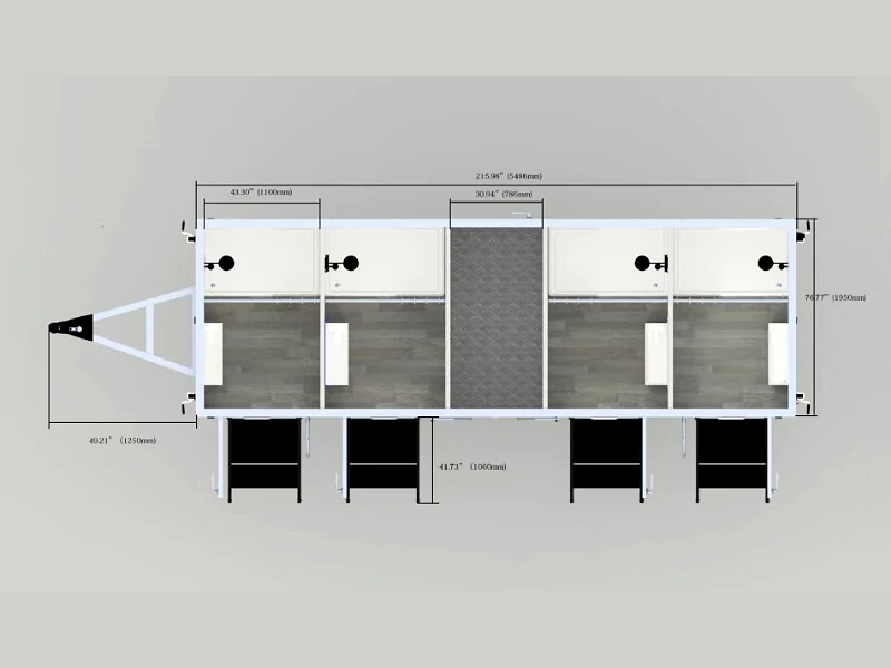 Reference floor plan for a 4 stall mobile shower trailer showing private shower room sequence, access doors, and layout planning for custom 2 to 10 stall configurations.