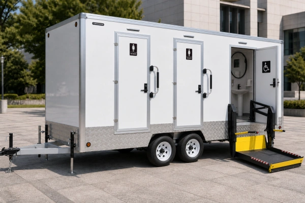 Wheelchair lift platform option for ADA restroom trailer access system.