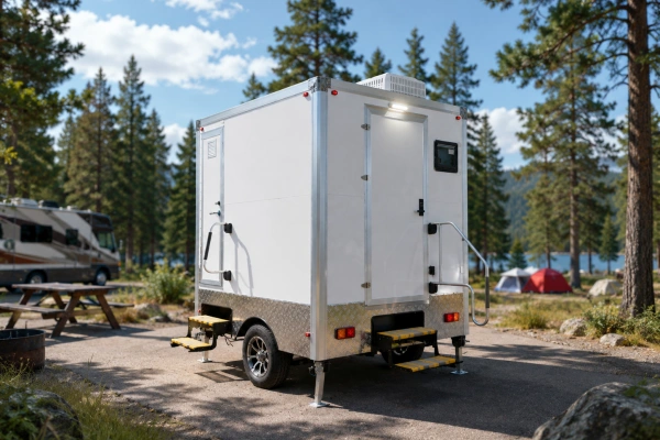 Mobile shower trailer for campsite and outdoor recreation hygiene facilities.