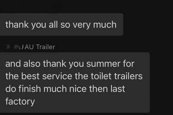 Customer feedback for an ensuite bathroom trailer delivered to Australia
