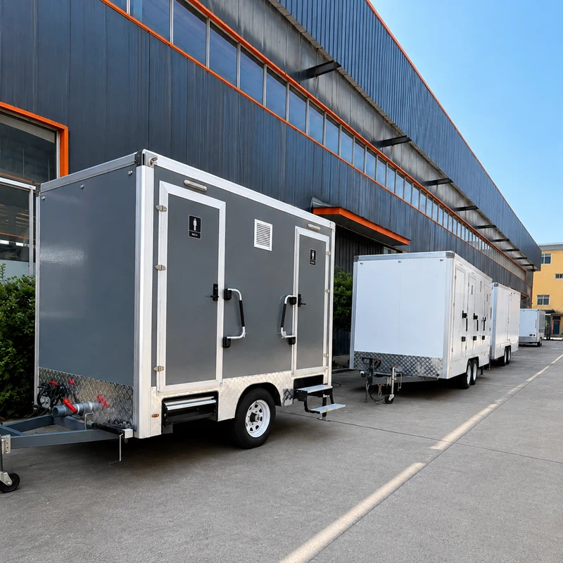 Finished restroom trailers ready for factory inspection before export