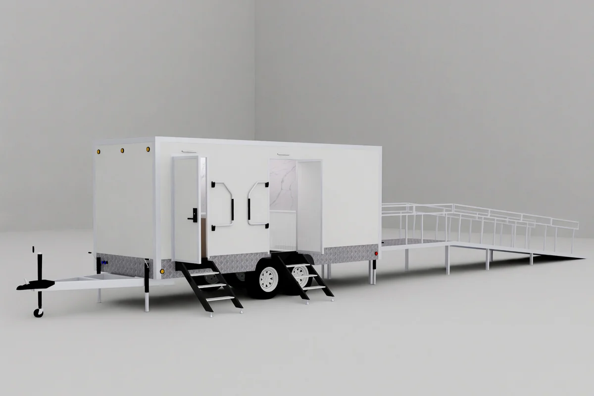 Approved ADA restroom trailer floor plan with 2 stall layout and accessible room