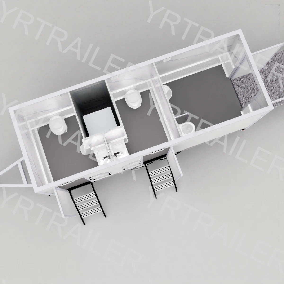 Factory production process for custom ADA restroom trailer with ramp system and export preparation.