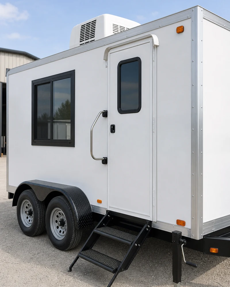 Custom mobile office trailer exterior features including windows entrance steps and tandem axle chassis