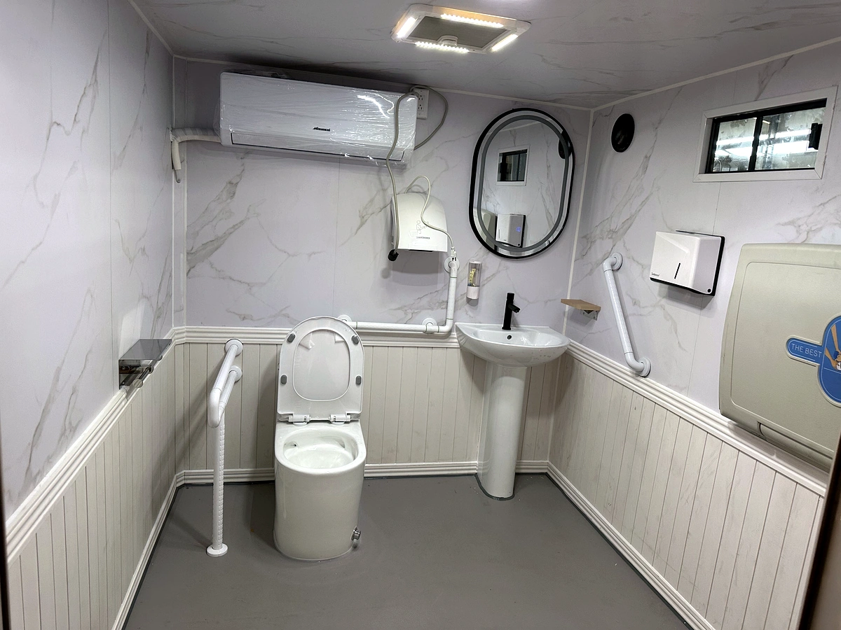 Custom ADA restroom trailer manufactured in factory for export buyers and rental fleet projects.