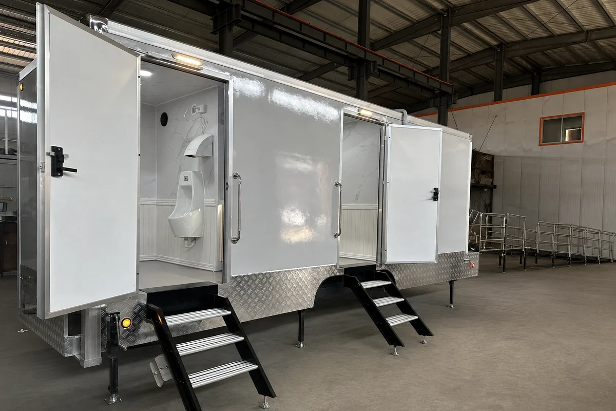 Completed ADA restroom trailer built in factory with doors, stairs, and exterior details