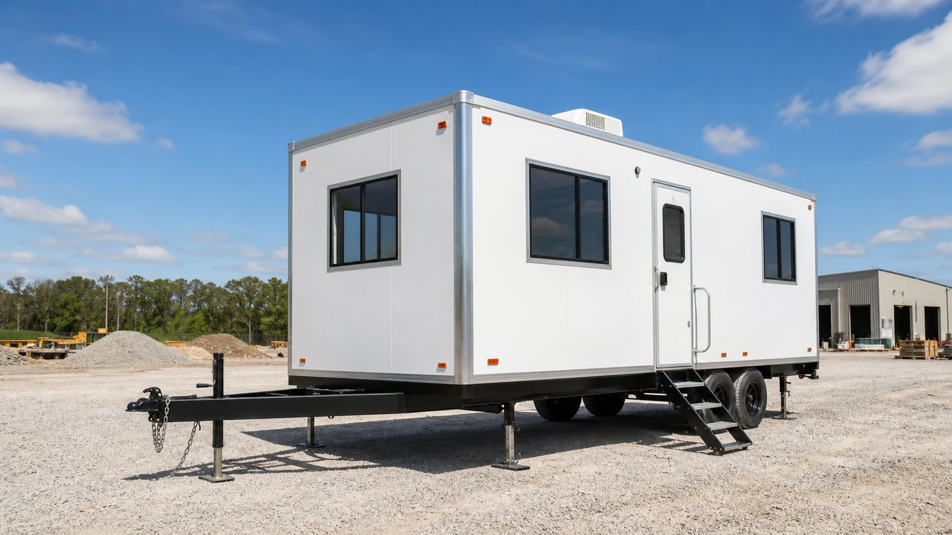 Custom mobile office trailer exterior configuration for temporary project workspace